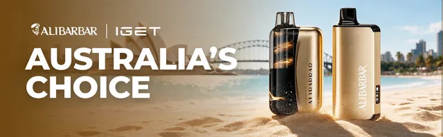 Australia's Choice — Alibarbar | IGET gold disposable vapes on a Sydney beach with the Opera House and Harbour Bridge behind