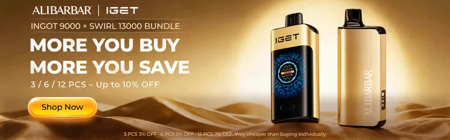 More you buy, more you save — Alibarbar Ingot 9000 × IGET Swirl 13000 bundle, 3 / 6 / 12 pcs up to 10% off, Shop Now